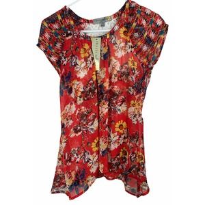 Figueroa & Flower Top Red Lightweight Floral Size PS Blouse Shirt Granny Chic